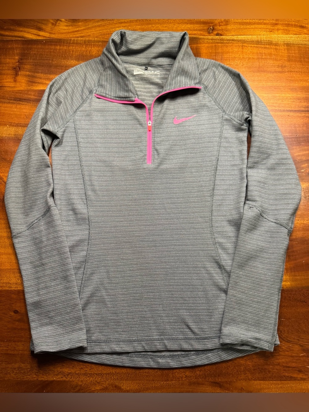 Nike Golf Women’s Gray Striped Pink Logo Athletic 1/4 Zip Sweatshirt Sz Small